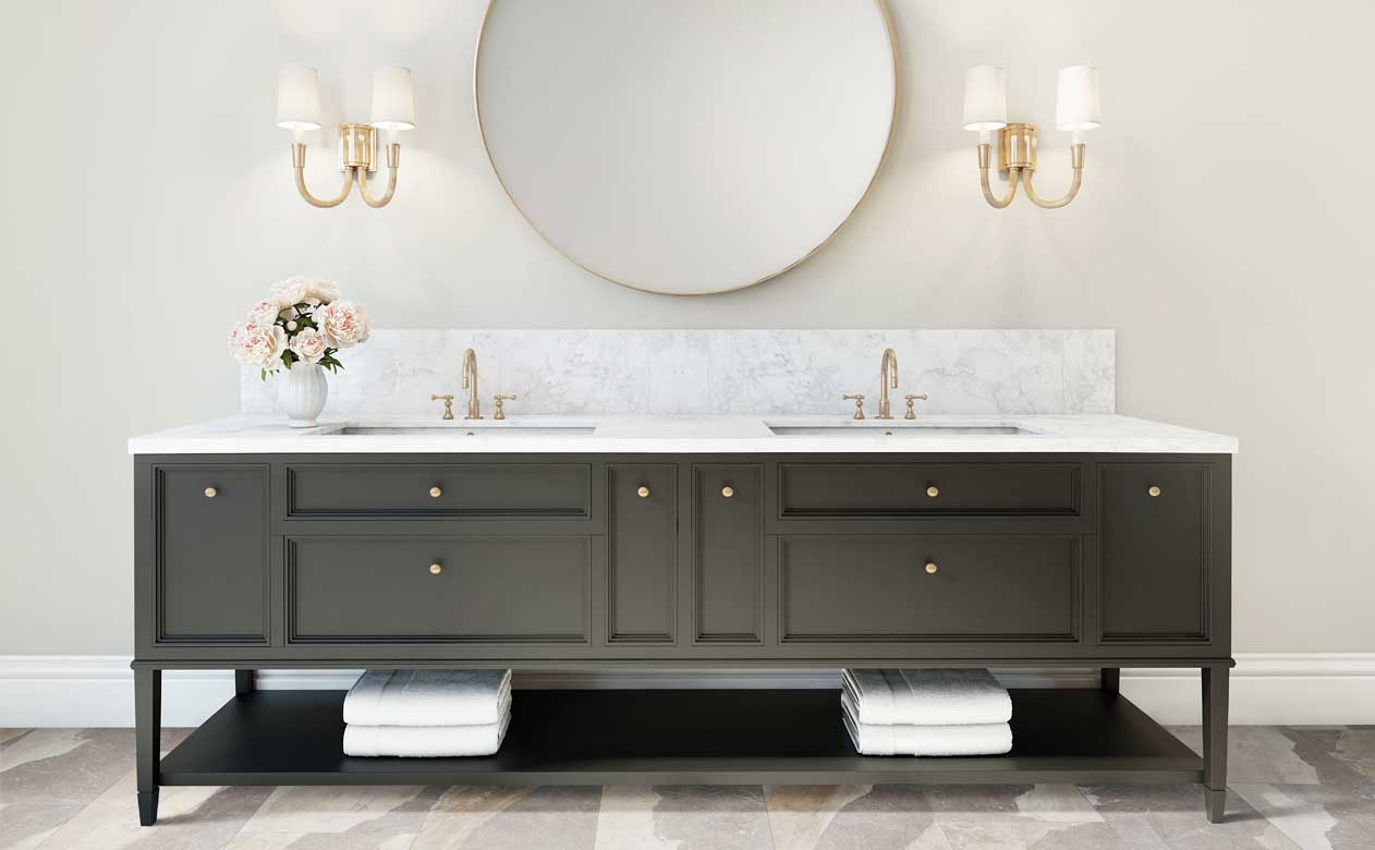 stone look flooring in bathroom with white countertops and black cabinets